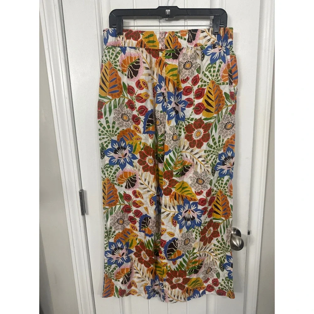 C&C California Womens Large 100% Linen Wide Leg Tropical Floral Pants MultiColor